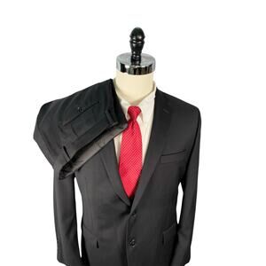 Calvin Klein 2pc Suit Men 40S Slim Fit Black Wool Two Button Flat Front 34x27.5